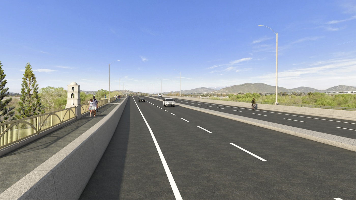Rendering Road View | 
The reconstructed bridge features structural, seismic, and hydraulic state-of-the art design to meet current bridge standards. The new 1,100-foot-long bridge includes two traffic lanes with shoulders in each direction, a concrete center median, and a multi-purpose trail separated from traffic along the south side. 